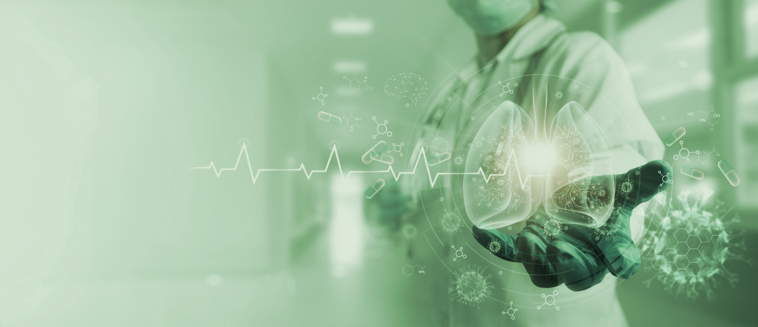 Healthcare and medicine, Covid-19, Doctor holding and diagnose  virtual Human Lungs with coronavirus spread inside on modern interface screen on hospital background, Innovation and Medical technology.